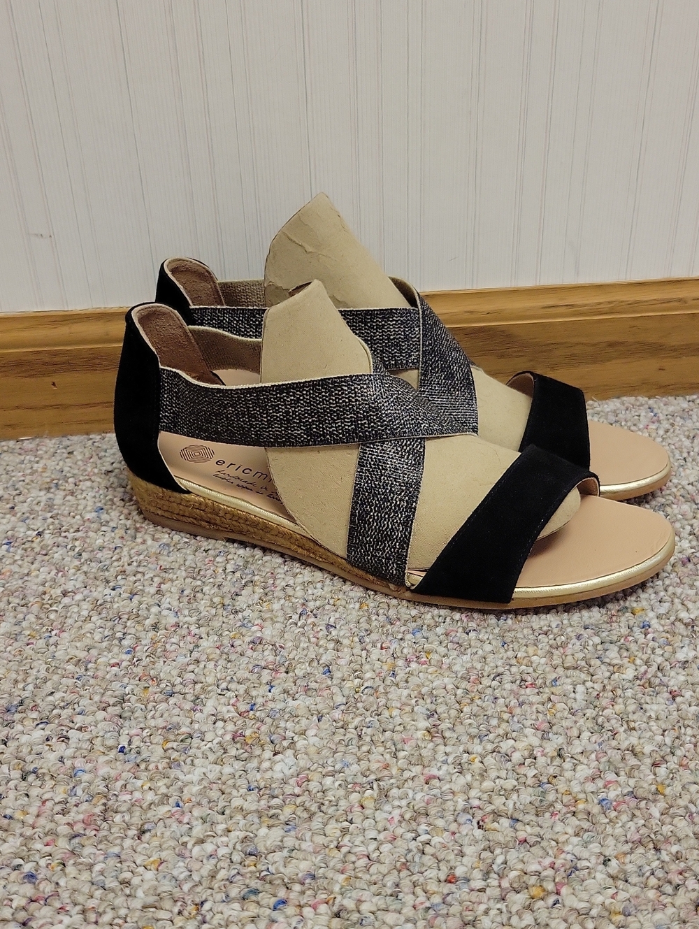 Eric Michael Beige & Black Mia Wedge Sandals Sz 41 US 10-11 New Coastal Vacation